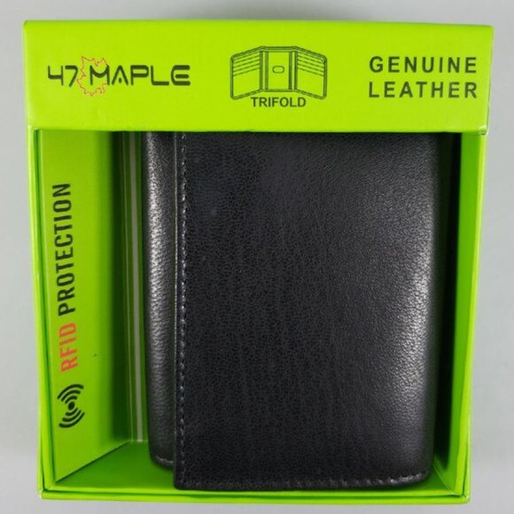 Men's Genuine Leather RFID Blocking Trifold Black Wallet NEW in Box - Picture 3 of 4
